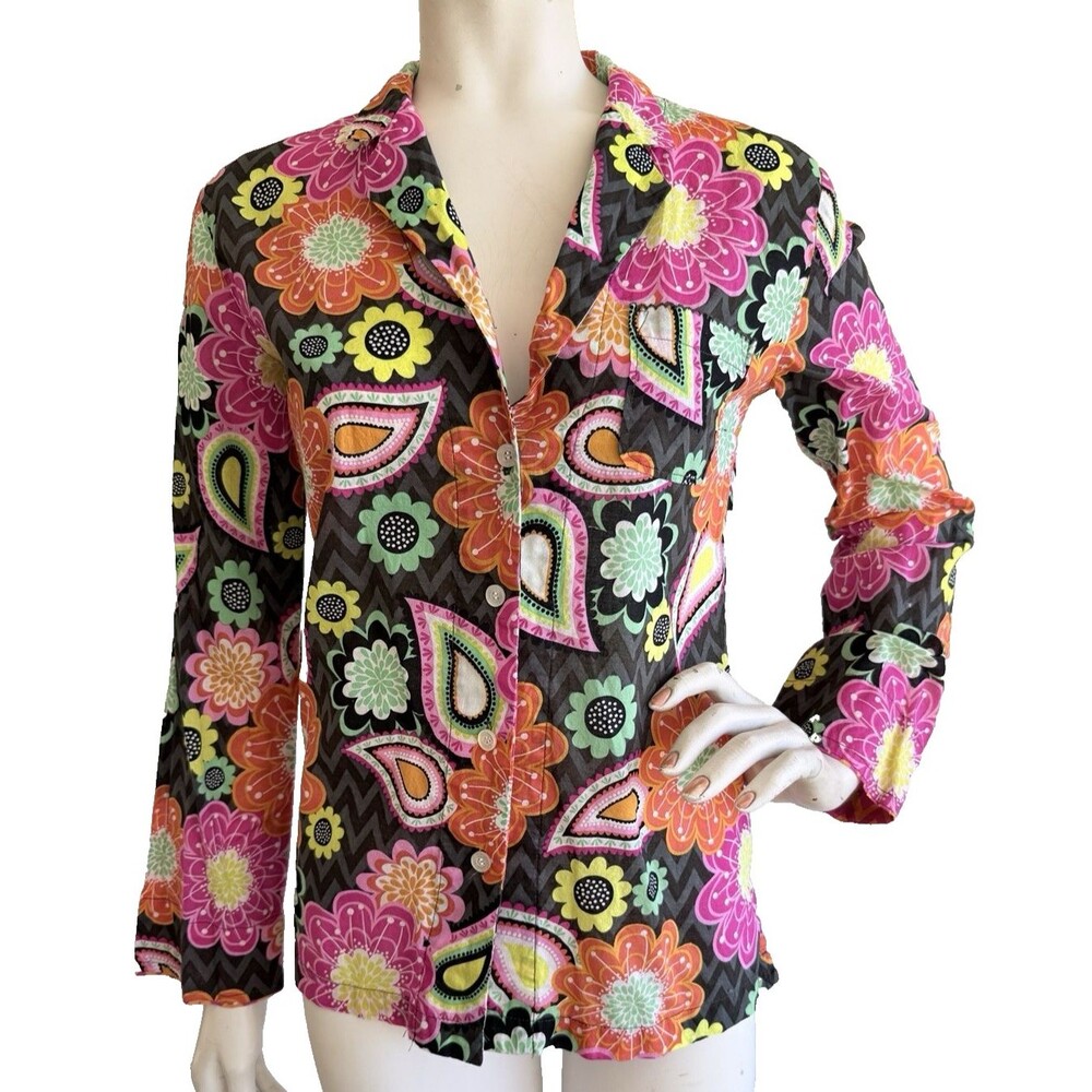 VERA BRADLEY Floral Top Blouse 100% Cotton Button Front Long Sleeve Size XS